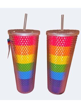 New w Tags 2 Rainbow Gradient Studded Tumbler Straw 24 Oz BPA-Free Acrylic
